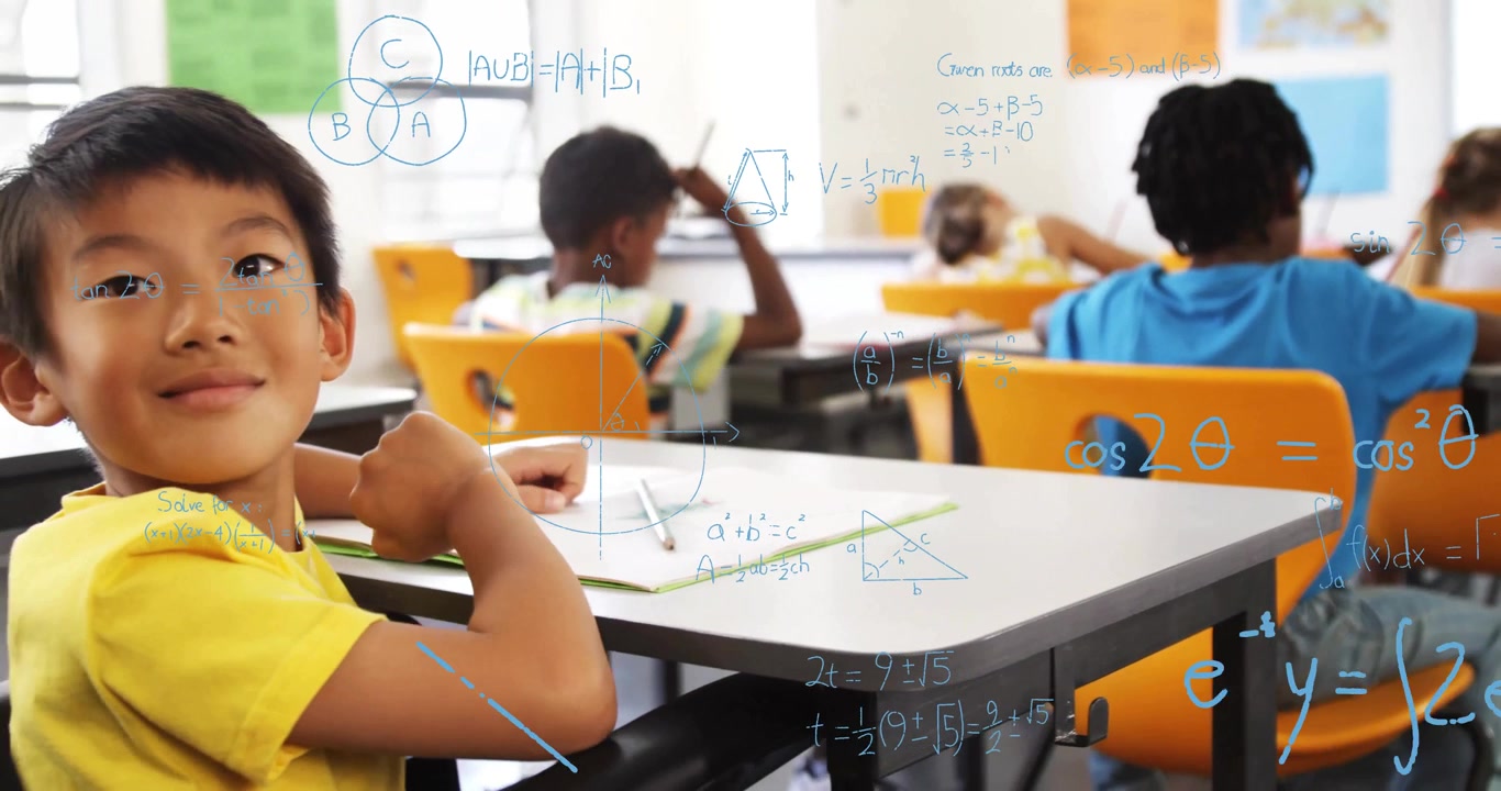 School-age boy solving geometry in classroom with animated diagrams overlaying desks and walls