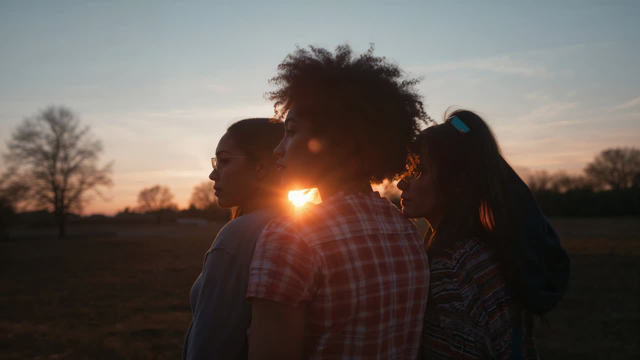 Três mulheres de pé chamando a atenção enquanto o sol se põe, observando o pôr do sol no campo, camisa xadrez