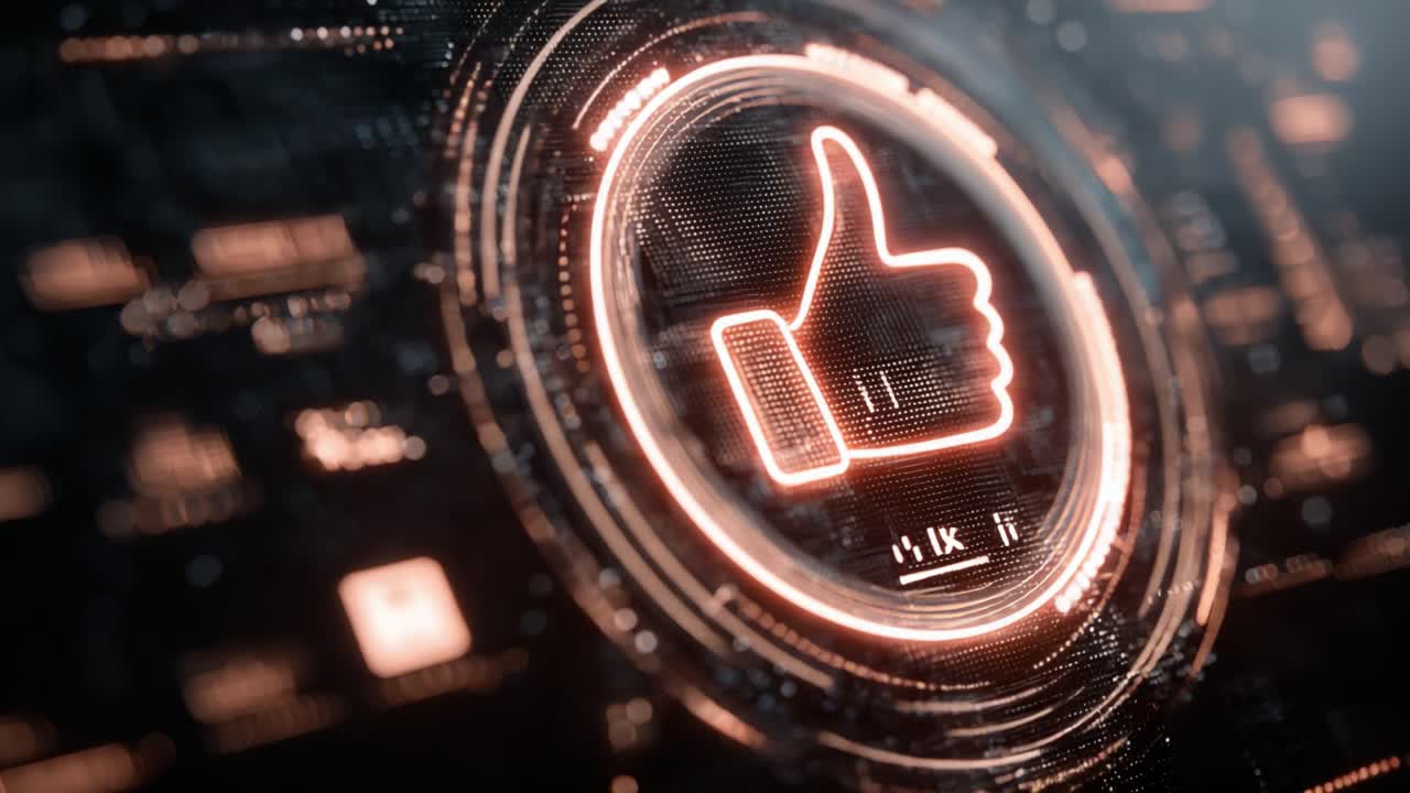 Aclose-up view of a digital thumbs-up symbol, representing positive engagement and approval in a high-tech environment, surrounded by an intricate network of glowing circuits
