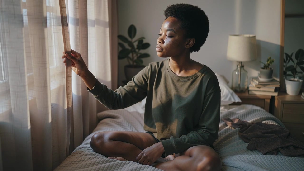 Noticing light, reaching woman in olive top pulling sheer curtains at bed window