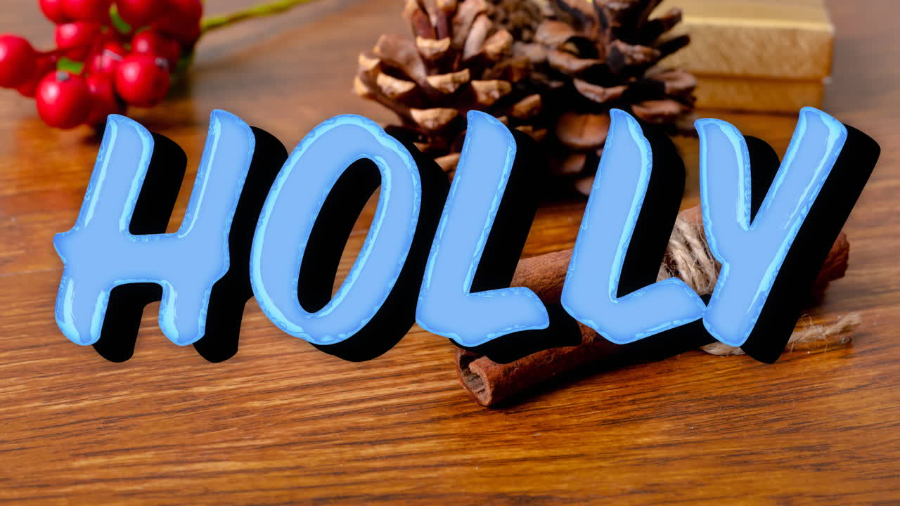 나무 배경 에 장식 된 홀리 크리스마스 텍스트 의 애니메이션