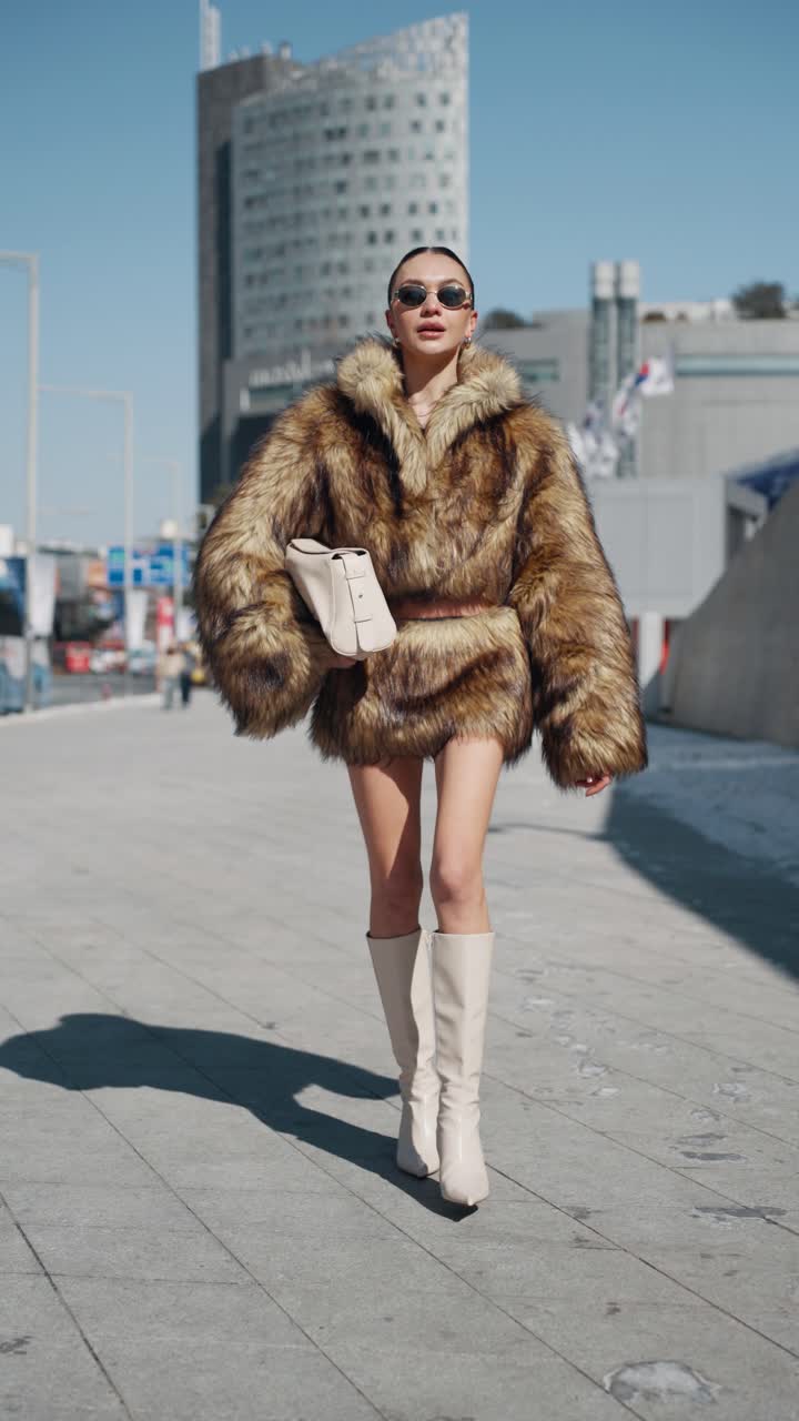 A stylish Woman model struts confidently on a Seoul street in a luxurious fur coat, cream knee-high boots, sunglasses, and a chic white handbag, exuding high-fashion elegance - vertical slow motion