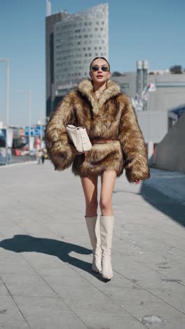 a stylish woman model struts confidently on a seoul street in a luxurious fur coat, cream knee-high boots, sunglasses, and a chic white handbag, exuding high-fashion elegance - vertical slow motion
