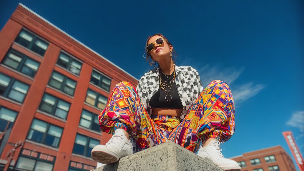 A Stylish Young Woman in a Vibrant Outfit of Colorful Patterned Pants and a Checkered Jacket Poses Confidently Against a Bright Blue Sky and Urban Backdrop, Showcasing Modern Street Fashion Trends