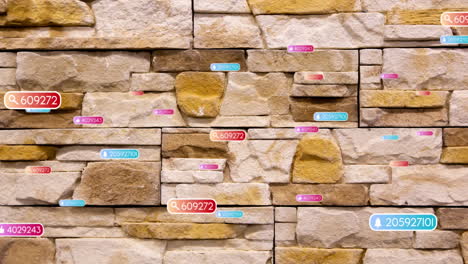 animación de iconos de redes sociales y texto sobre fondo de piedra