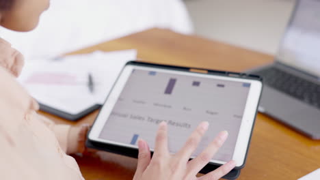 Hands,-tablet-and-woman-on-screen-with-data