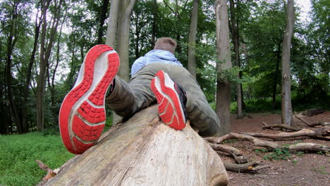 A-young-boy-at-play-makes-his-way-along-a-fallen-tree-in-woodland-in-Worcestershire,-England