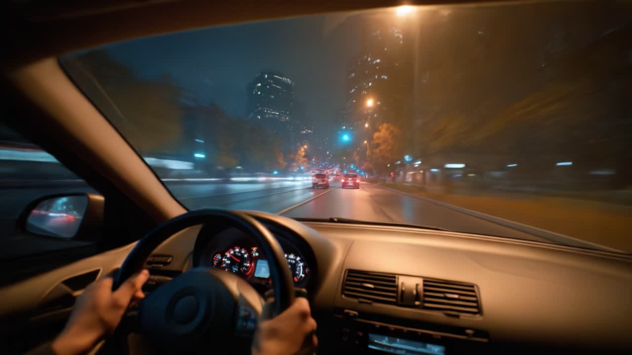 Un viaggio notturno attraverso una città: Catturare l'energia della vita urbana con luci sfocate e movimento in un ambiente dinamico dal volante.