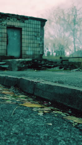 abandoned building with fallen leaves on a foggy day