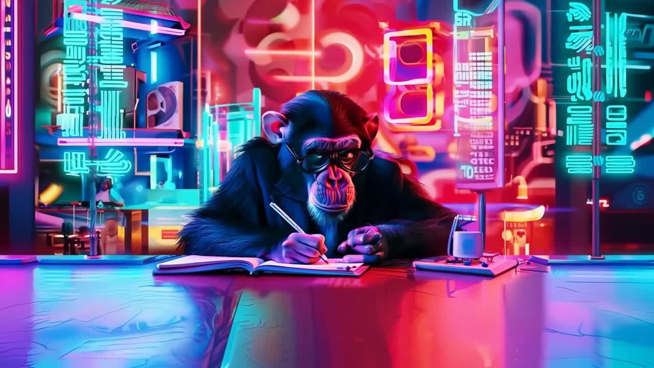 A chimpanzee sitting at a table with a pen in his hand