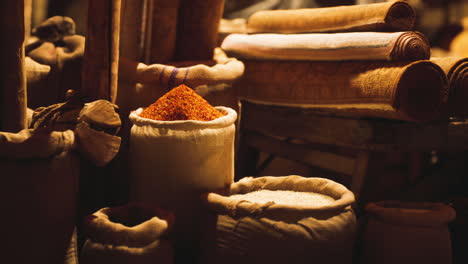 spices and textiles at a traditional market