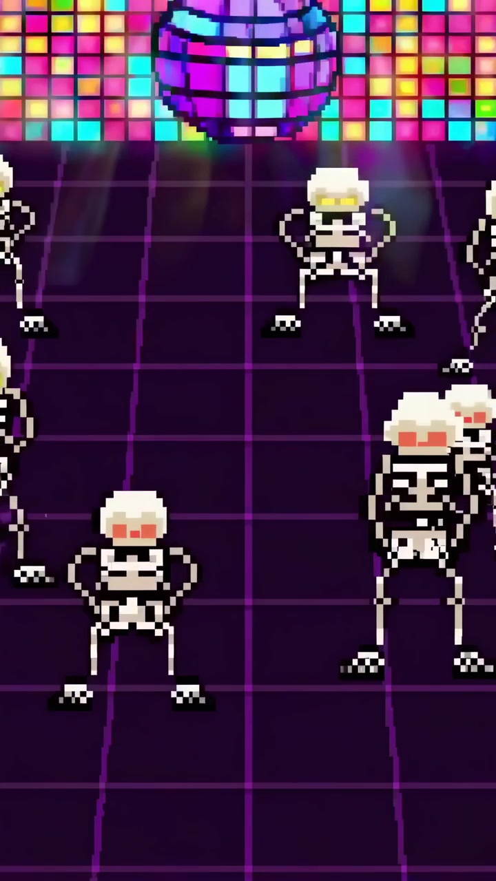Scheletri in pixel art retrò danzano sotto una sfera da discoteca.