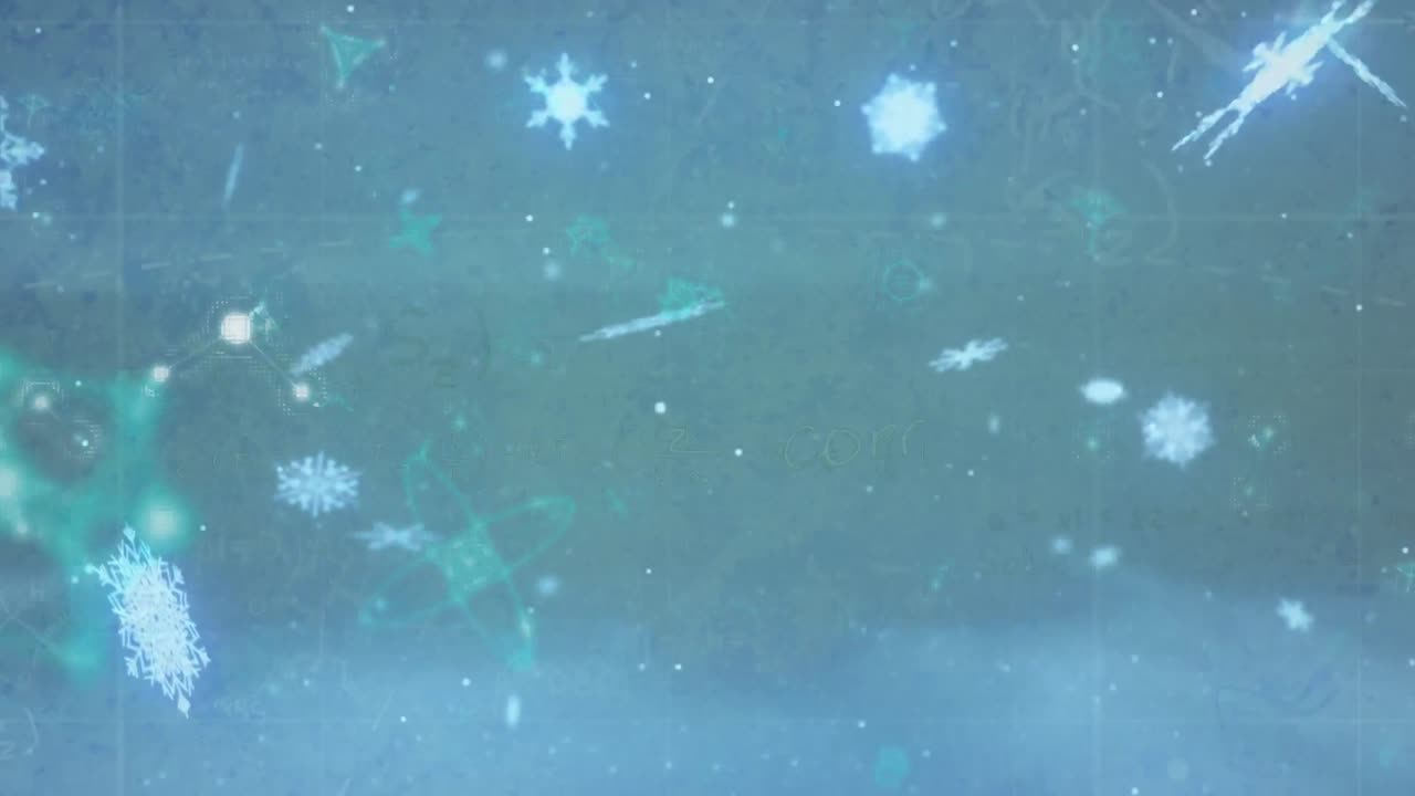 파란 공간에서 떠다니는 눈송이와 분자의 애니메이션