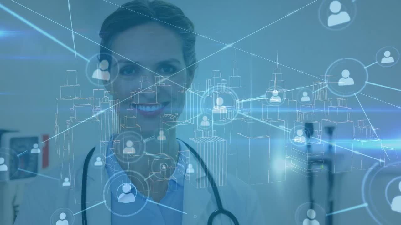 animación de iconos de perfil que se conectan con líneas y edificios sobre una doctora caucásica sonriente