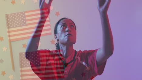 person wearing sports jersey looking up with american flag animation overlay