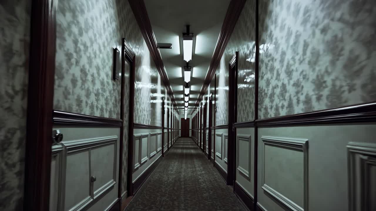 A video captures a long, dimly lit hallway with vintage wallpaper, shot from a low-angle