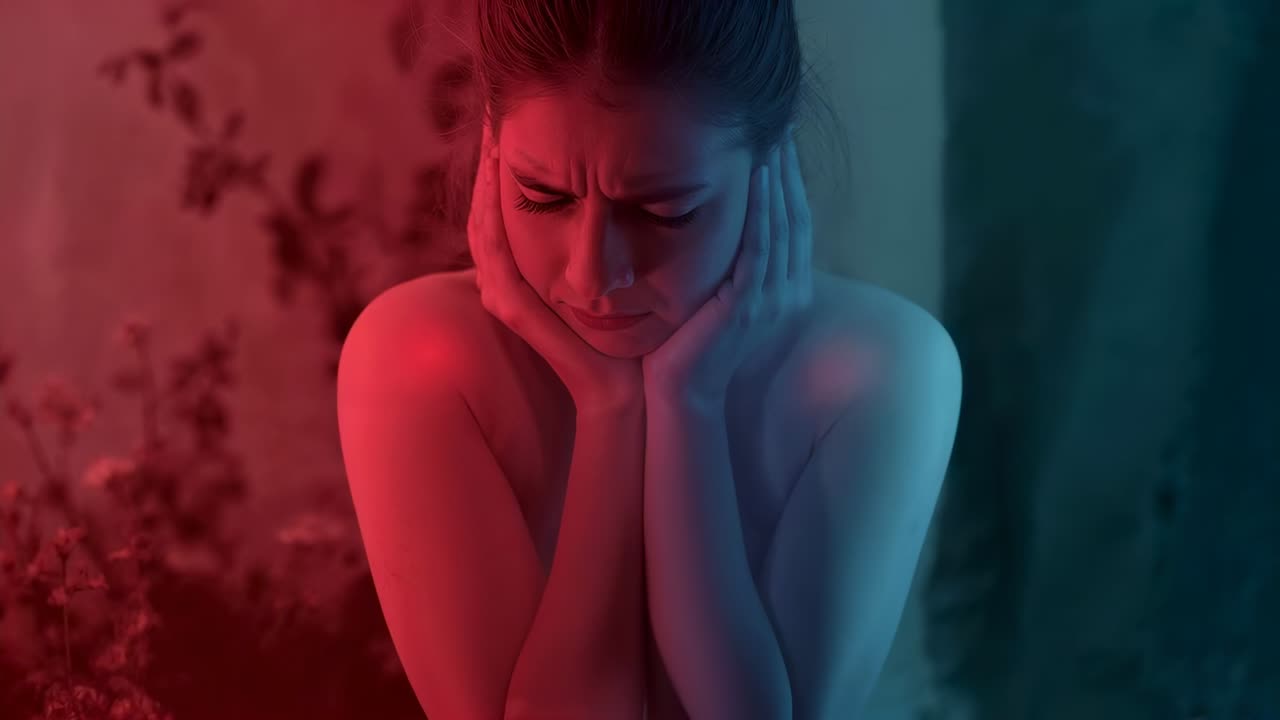 Donna che si copre il viso con le mani, china la testa e si contrae in studio, a causa del dolore, con illuminazione rosso sarc зеле.