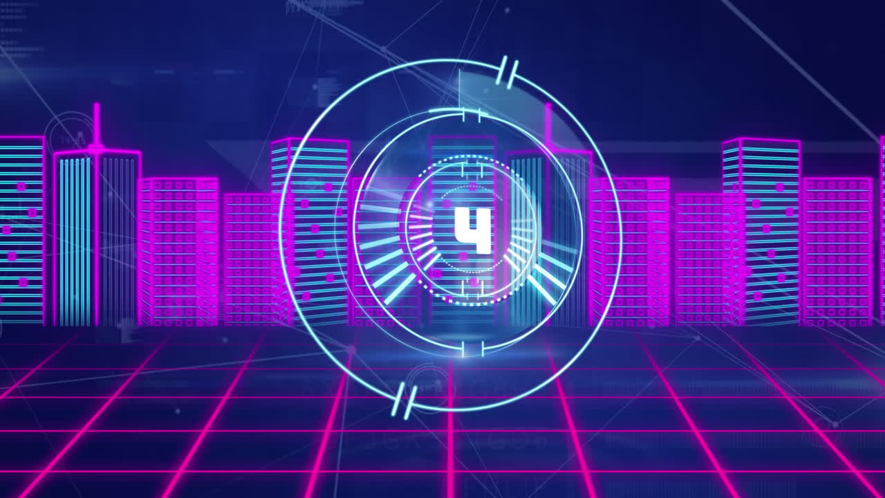 Animation of countdown over round scanner and network of connections against 3d city model