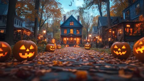halloween night in a decorated neighborhood