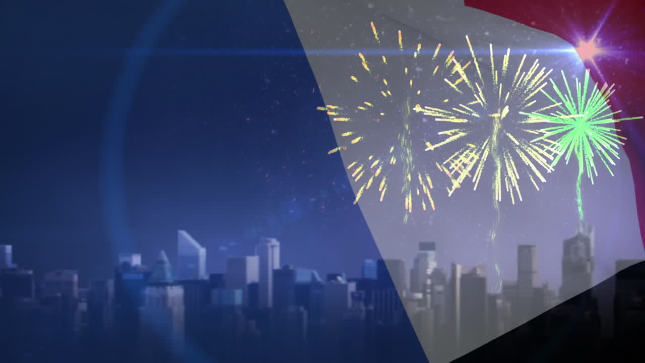 Animazione della bandiera francese con fuochi d'artificio e sfondo di paesaggio urbano