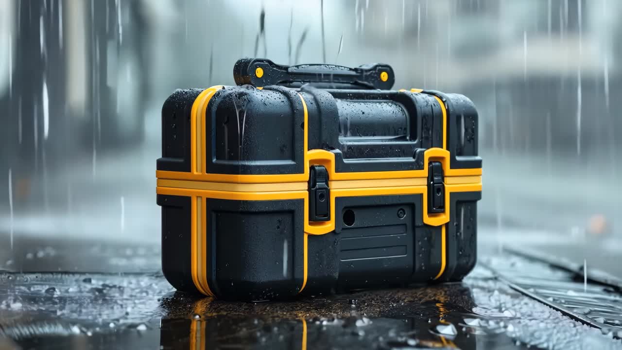 은 바닥 위에 앉아있는 검은색과 노란색 도구 상자