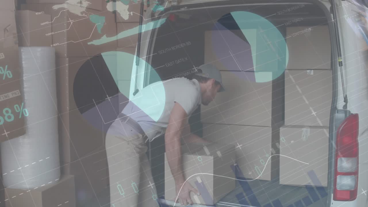 procesamiento de datos estadísticos contra el repartidor caucásico apilando cajas en su furgoneta de reparto