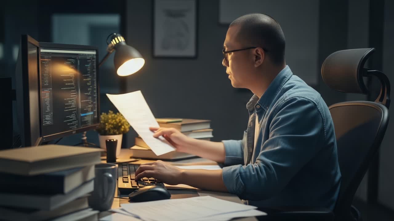 Focused Individual Analyzing Data on Computer at Night with Documents in Hand Surrounded by Books and Soft Lighting, Highlighting the Importance of Concentration and Productivity