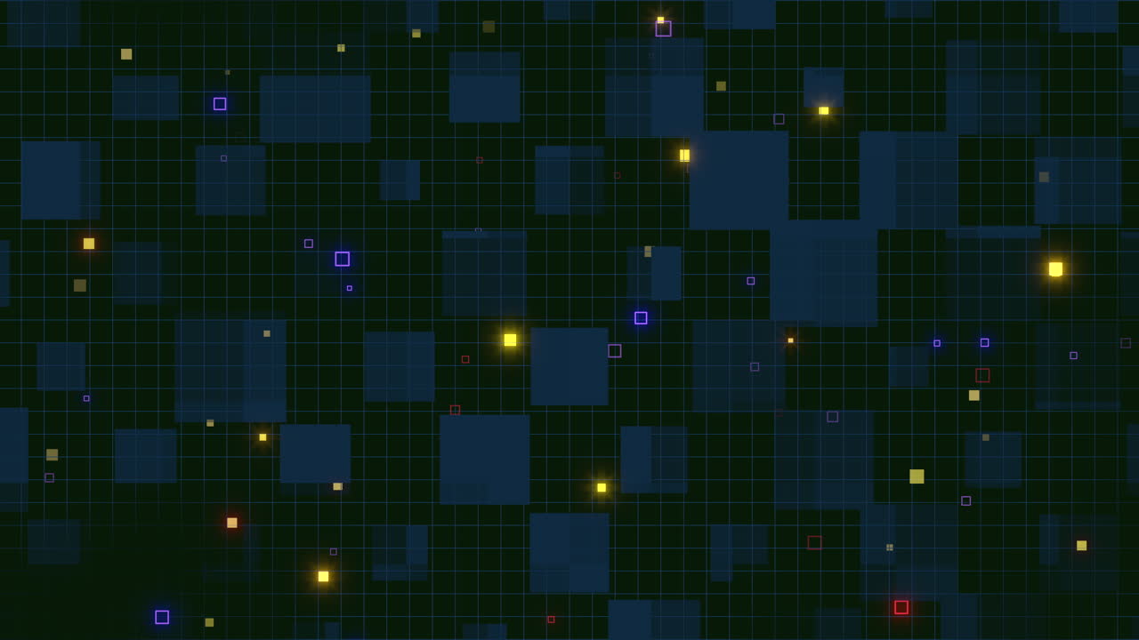patrones aleatorios de cubos y cuadrados de neón digital en la pantalla de la computadora