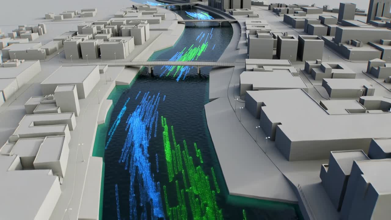 Moving dual-lane colored flow traveling down canal while camera zooming, visualizing flow data