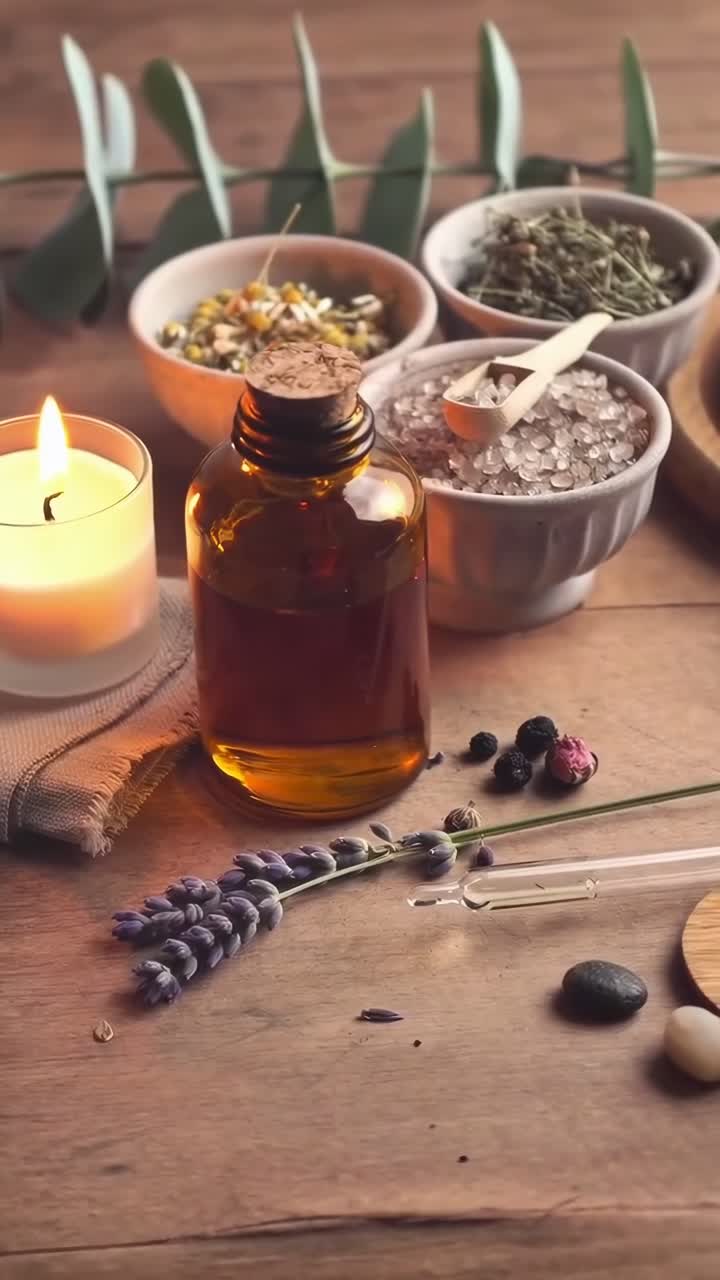 Vídeo de cima para baixo de itens essenciais de spa: óleo, ervas e vela sobre uma mesa de madeira, criando uma vibe serena