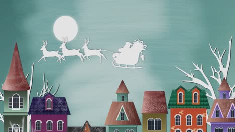 silhouette of santa claus in sleigh being pulled by reindeers against moon and cityscape