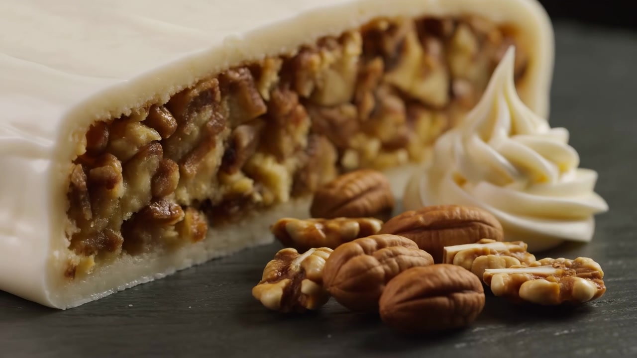 Primo piano di una fetta di crostata di noci pecan su un tavolo scuro con un ricciolo di panna montata, ripieno di noci caramellate, metà di noci pecan sparse, ricche tonalità marroni e uno stile raffinato da dessert gourmet