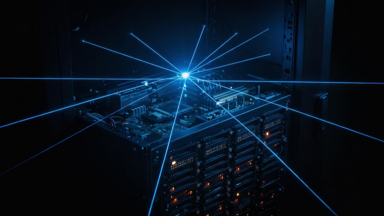 Visual Representation of Data Transmission: A High-Tech Server with Laser Light Effects Capturing the Essence of Modern Computing and Information Processing