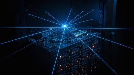 visual representation of data transmission: a high-tech server with laser light effects capturing the essence of modern computing and information processing