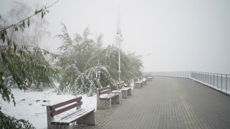 winter cityscape with foggy atmosphere and snowfall covering park benches, frosted trees, light poles, and iron railings along peaceful walkway, creating tranquil and serene outdoor scenery