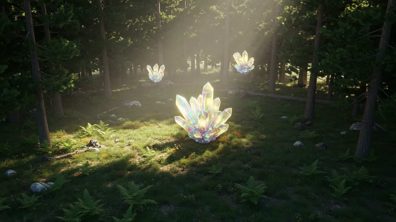 A Mystical Scene of Vibrant Crystals in a Sunlit Forest, Transitioning from Luminous Splendor to Enigmatic Glow, Capturing the Essence of Nature's Whimsy
