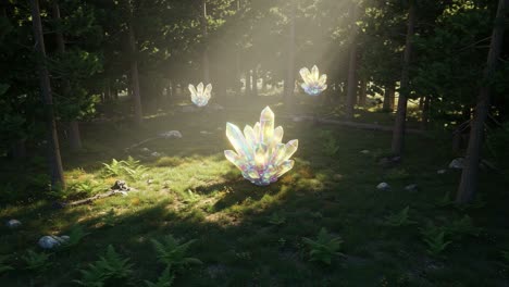 a mystical scene of vibrant crystals in a sunlit forest, transitioning from luminous splendor to enigmatic glow, capturing the essence of nature's whimsy