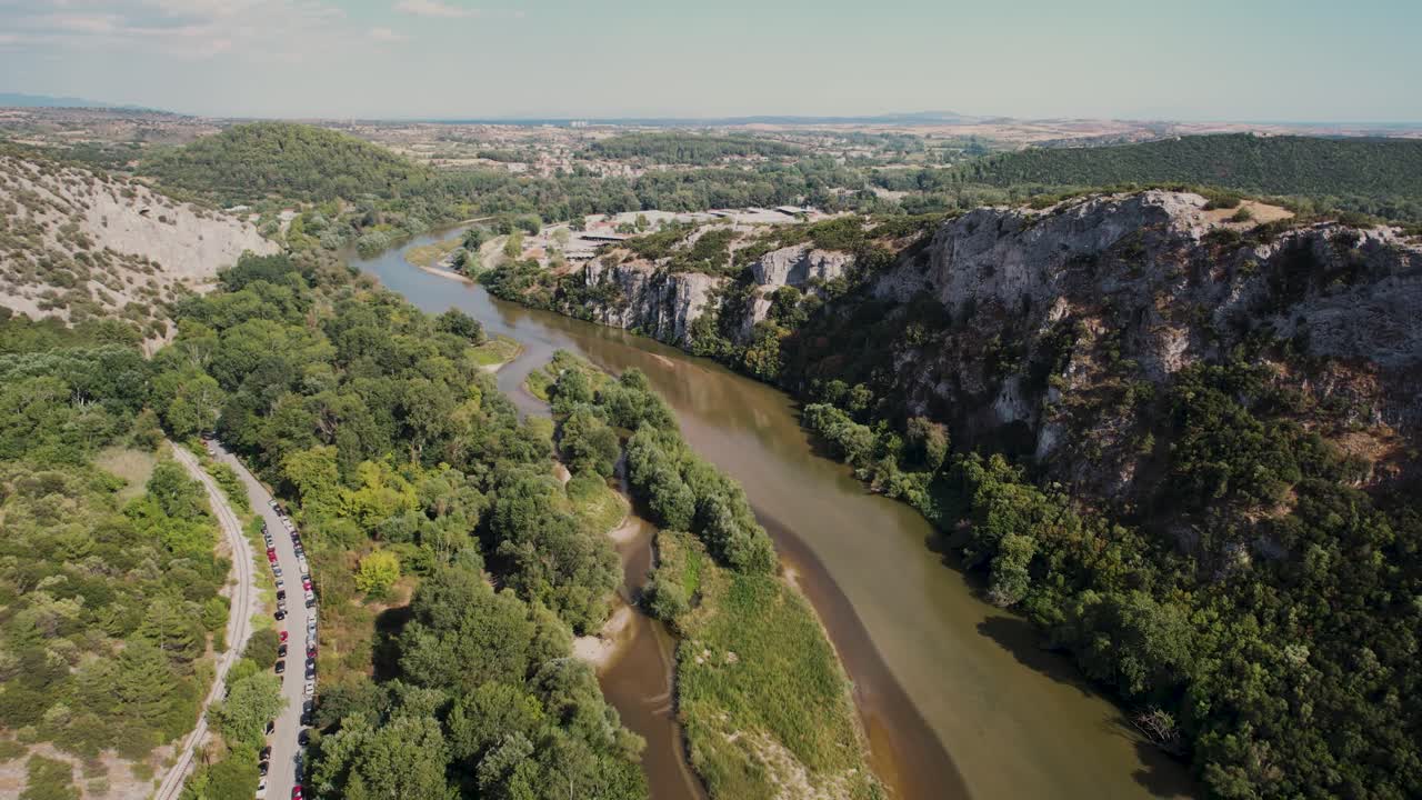 Aerial view following Nestos river in Toxotes Xanthi Greece