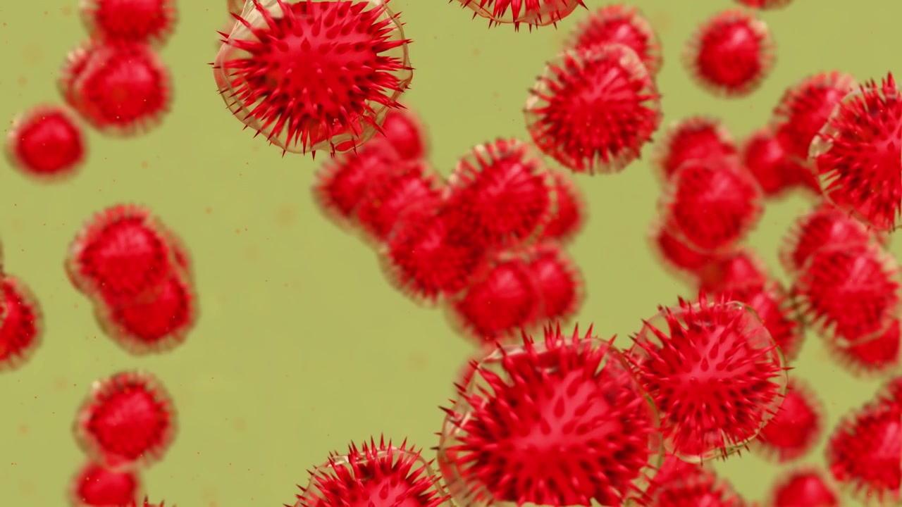 Rendering microscopico di patogeni virali rossi che fluttuano in un fluido