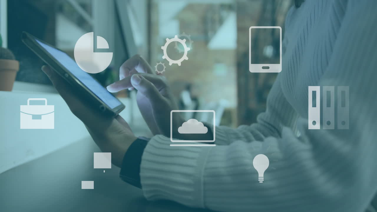 사무실에서 태블릿을 사용하는 백인 사업가에 대한 금융 데이터 처리 애니메이션