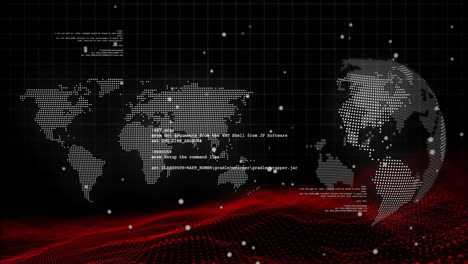 animation of digital data processing over world map and globe on black background