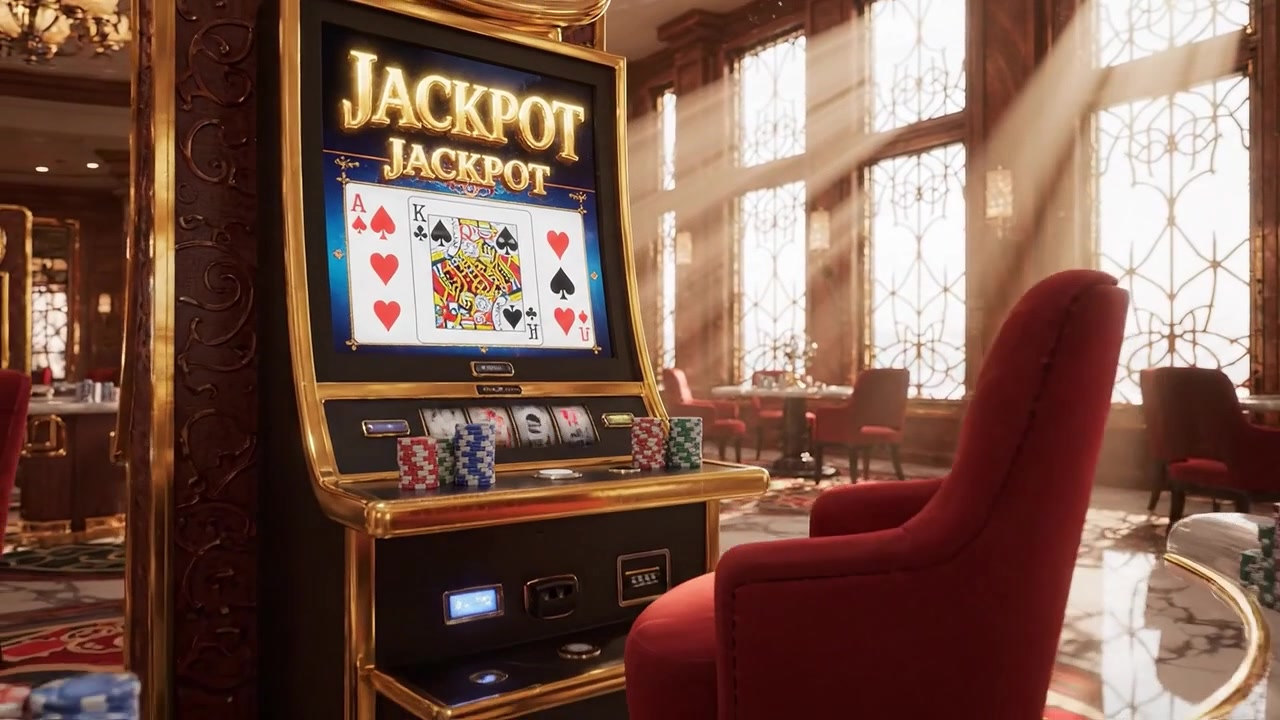 Emozionante esperienza di slot machine con jackpot in un lussuoso ambiente da casinò con luci brillanti e ricche decorazioni che cattura i giocatori con l'attesa.