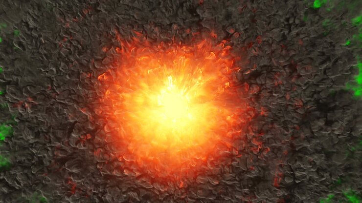 The strongest explosion of a bomb with a lot of black smoke. A huge explosion with thick smoke. Explosion with smoke in front of green screen. Animation on an isolated green screen background.