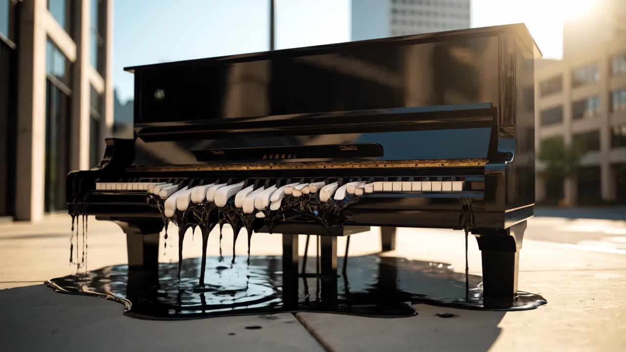 Surreal Melting Piano in Urban Setting