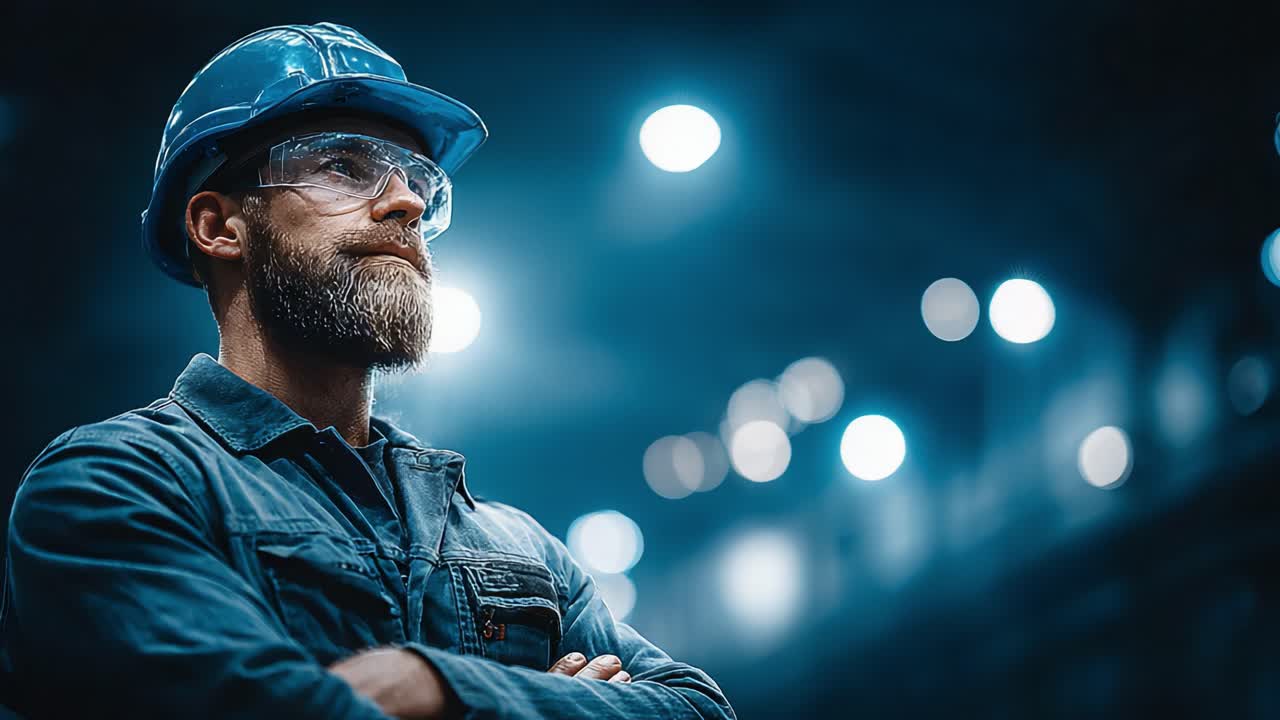 A Thoughtful Industrial Worker Wearing Safety Gear Stands Confidently Amidst a Well-Lit Factory Environment, Ready to Tackle Challenges in the Workplace