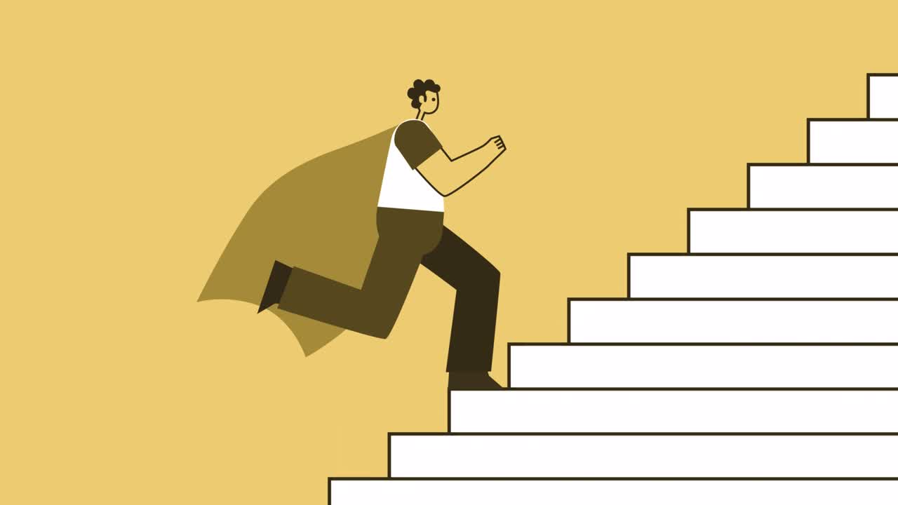 노란색 남자 슈퍼히어로 스타일: 평평한 캐릭터는 계단을 달려갑니다. 알파 채널과 함께 고립된 루프 애니메이션