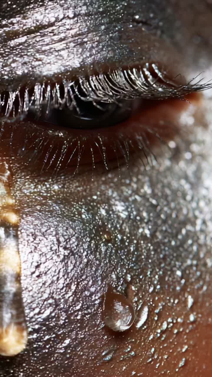Close-Up of a Glittering Eye with Shiny Metallic Skin and a Tear, Capturing the Depth of Emotions and the Beauty of Playful Light on a Reflective Surface