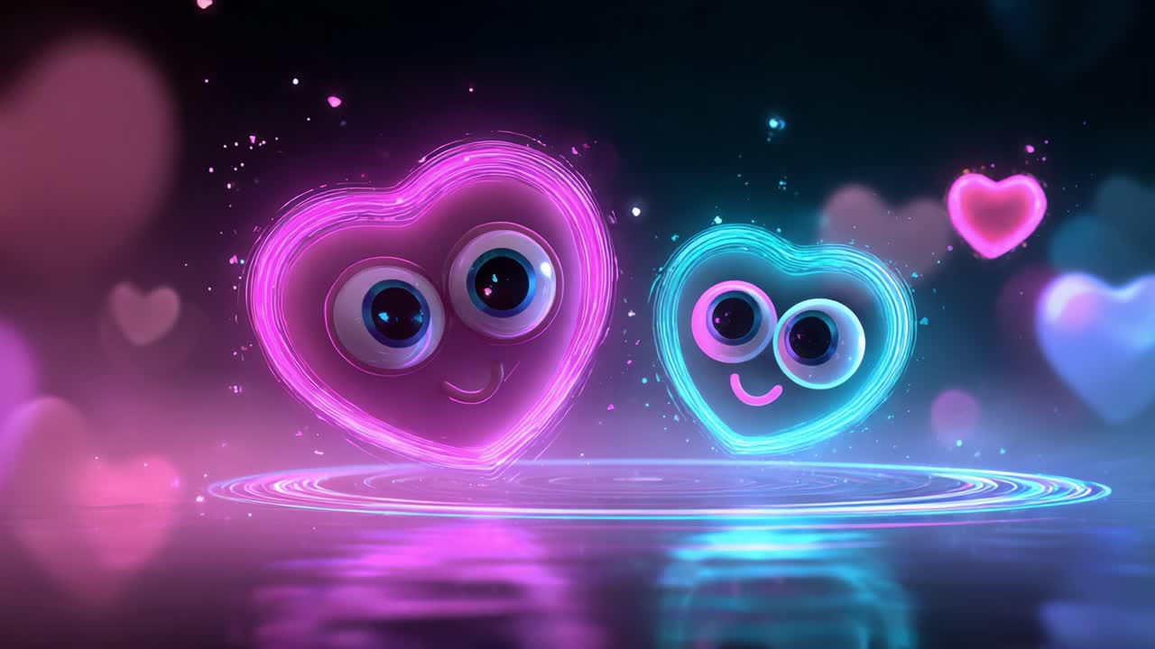 Vibrant Animated Hearts Merge in a Whimsical Display of Joy and Friendship, Glowing in Neon Colors Against a Dreamy Background with Gentle Reflections on Water's Surface
