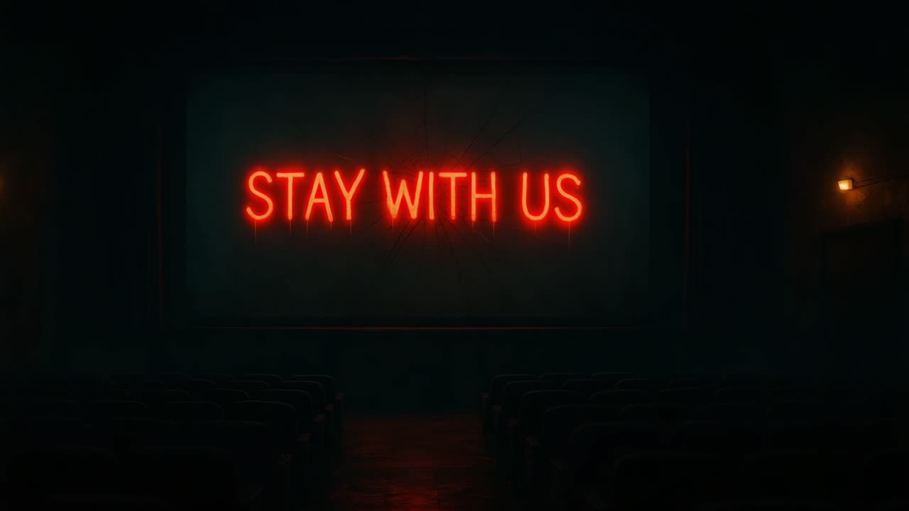 Neon sign reading "Stay With Us" illuminating a dark, empty theater with vintage seating