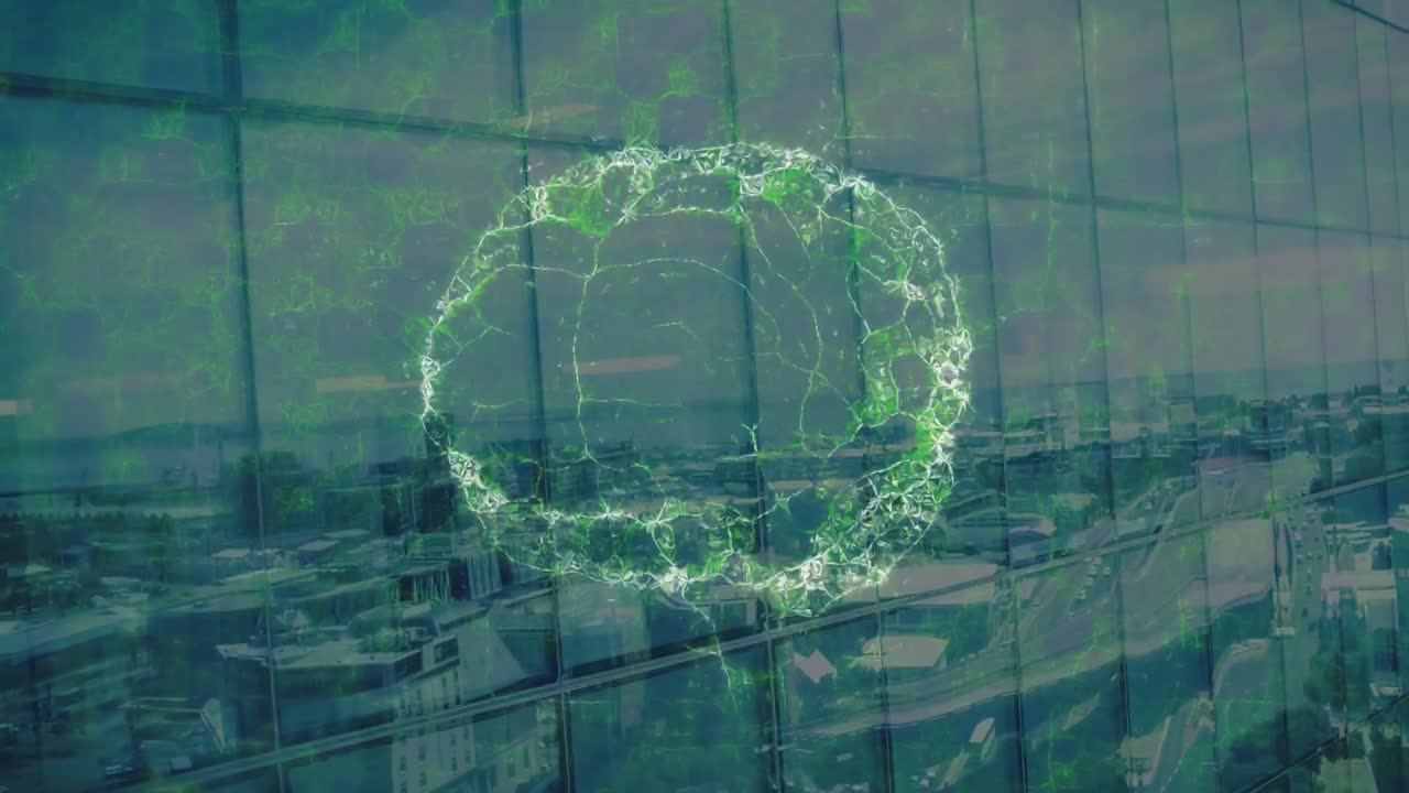 도시 풍경 위의 인간 뇌의 애니메이션